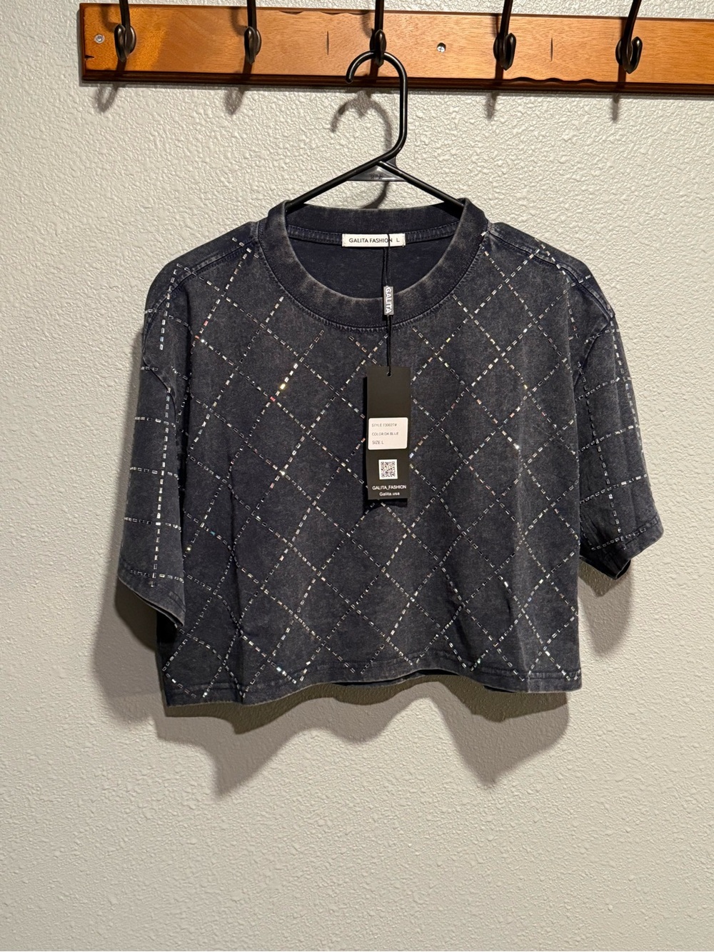 Galita Fashion Diamond Studded Cropped Tee Blue Large